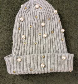 Gray Ribbed Knit Beanie Pearl Gold Beads Embellished One Size