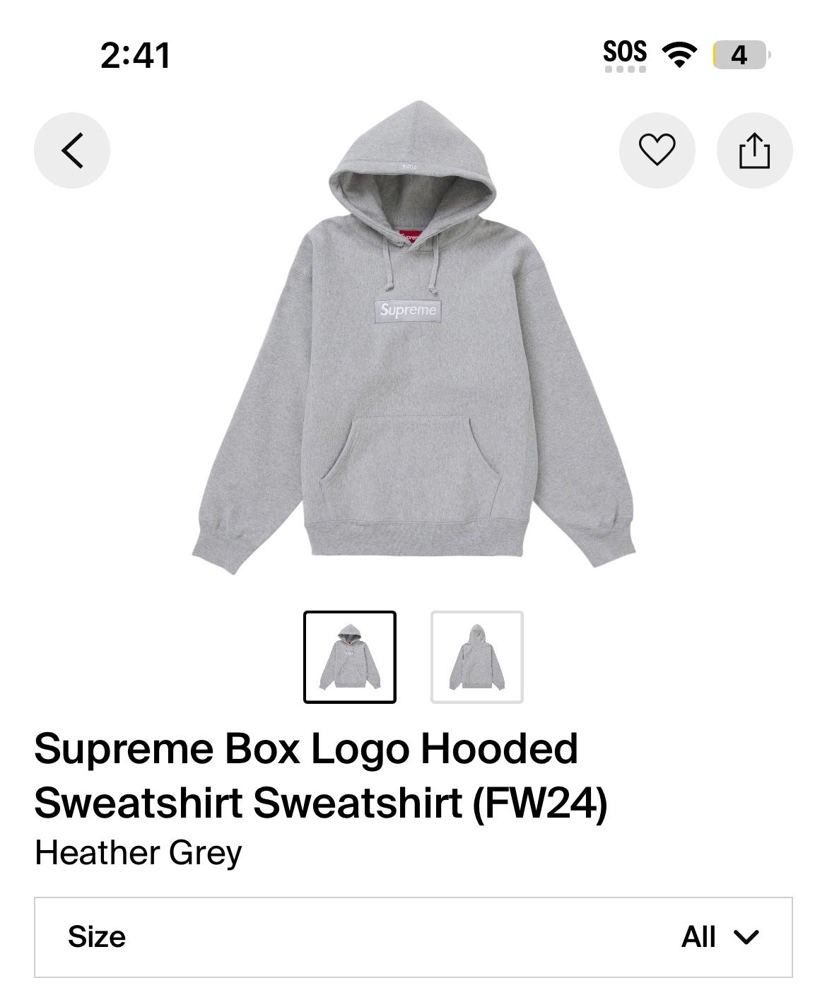 Supreme FW24 Grey Box Logo Hoodie