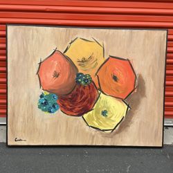 Painting Minimalist Modernist Framed Fruit Bowl Still Life MCM 60s Vintage Abstract Mid Century