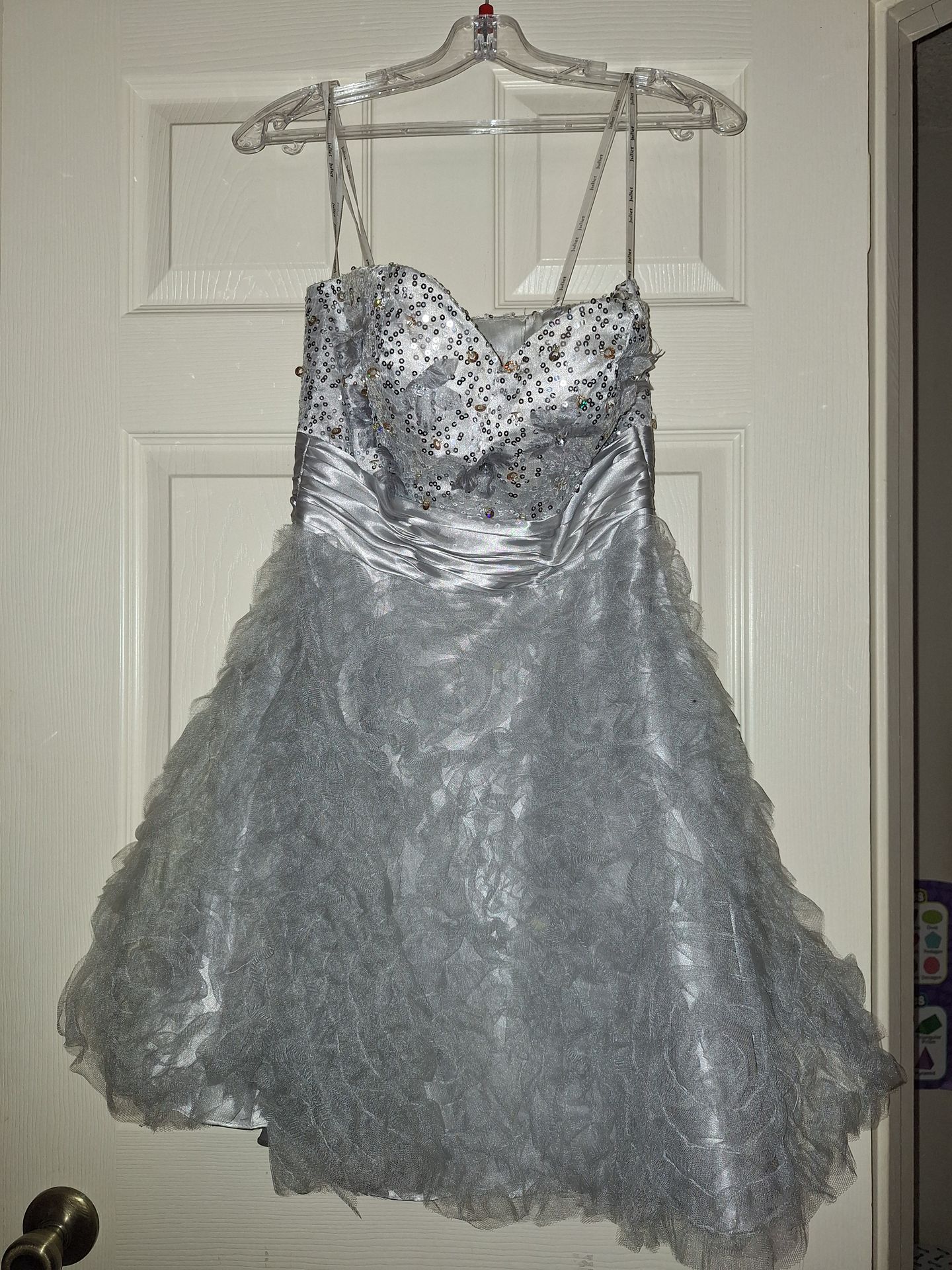 Silver beaded prom dress with ruffles