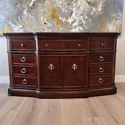 71” Wide 38” Tall Ornate Mahogany Brown 11 Dovetail Drawer Dresser Credenza
