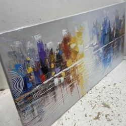 Hand Painted Cityscape Modern Oil Painting on Canvas Reflection Abstract Wall Art