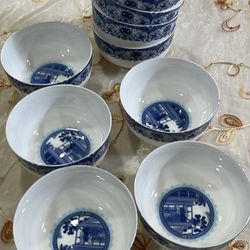 9 PCs Vintage Japanese  Porcelain Grain Bowls  Blue And White