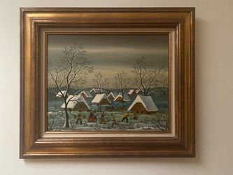 Oil folk painting on canvas of children’s winter scene Oil painting of children’s winter scene