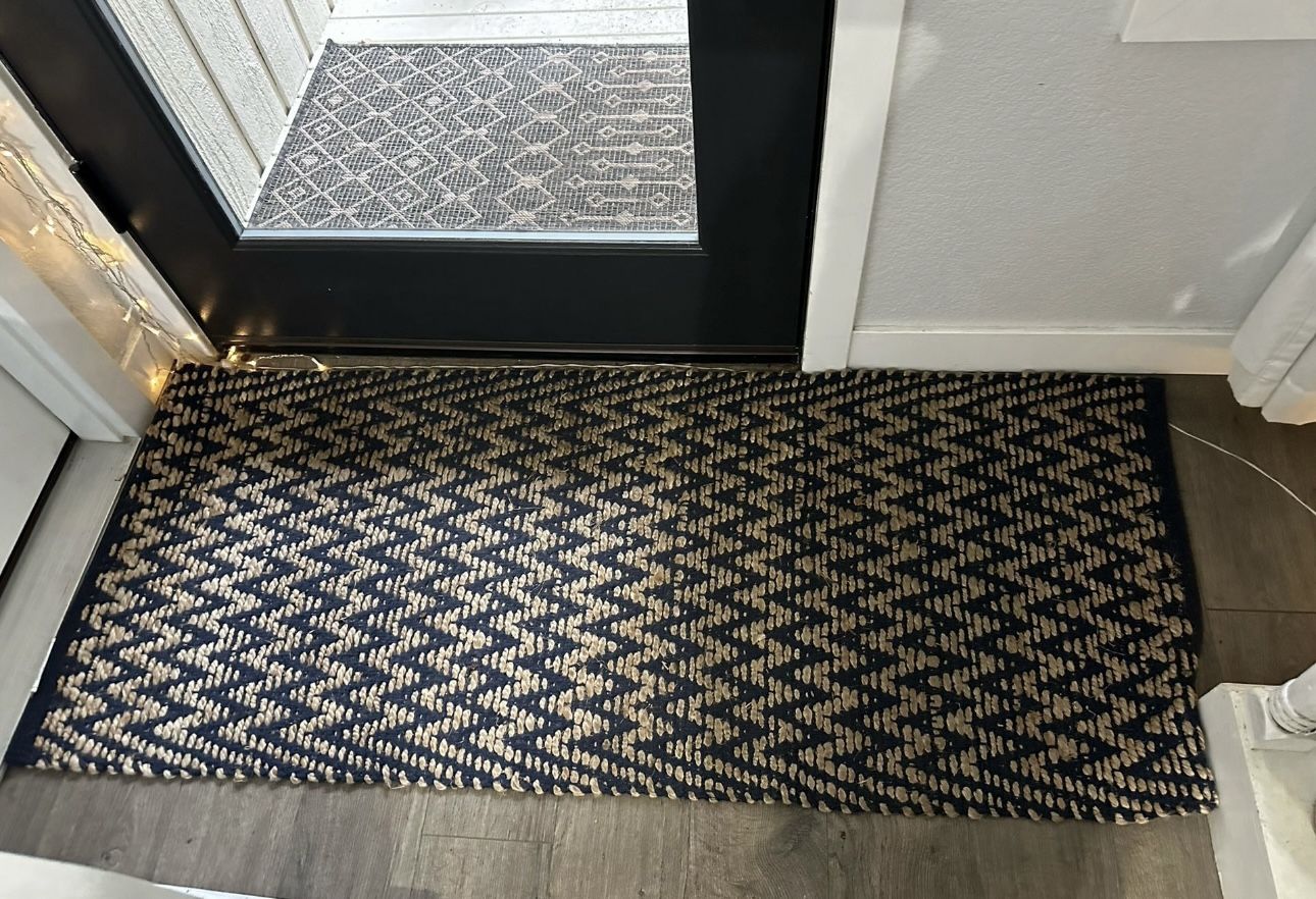 🖼️ MODERN Chevron JUTE ACCENT RUG 🪻NAVY & Tan