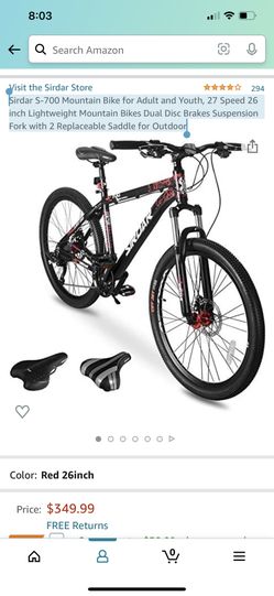 Sirdar S-700 Mountain Bike for Adult and Youth, 27 Speed 26 inch Lightweight Mountain Bikes Dual Disc Brakes Suspension Fork with 2 Replaceable Saddle