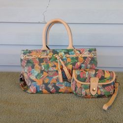 Vintage Dooney And Bourke Handbag Hard Candy Black Tan Leather Charm Gold