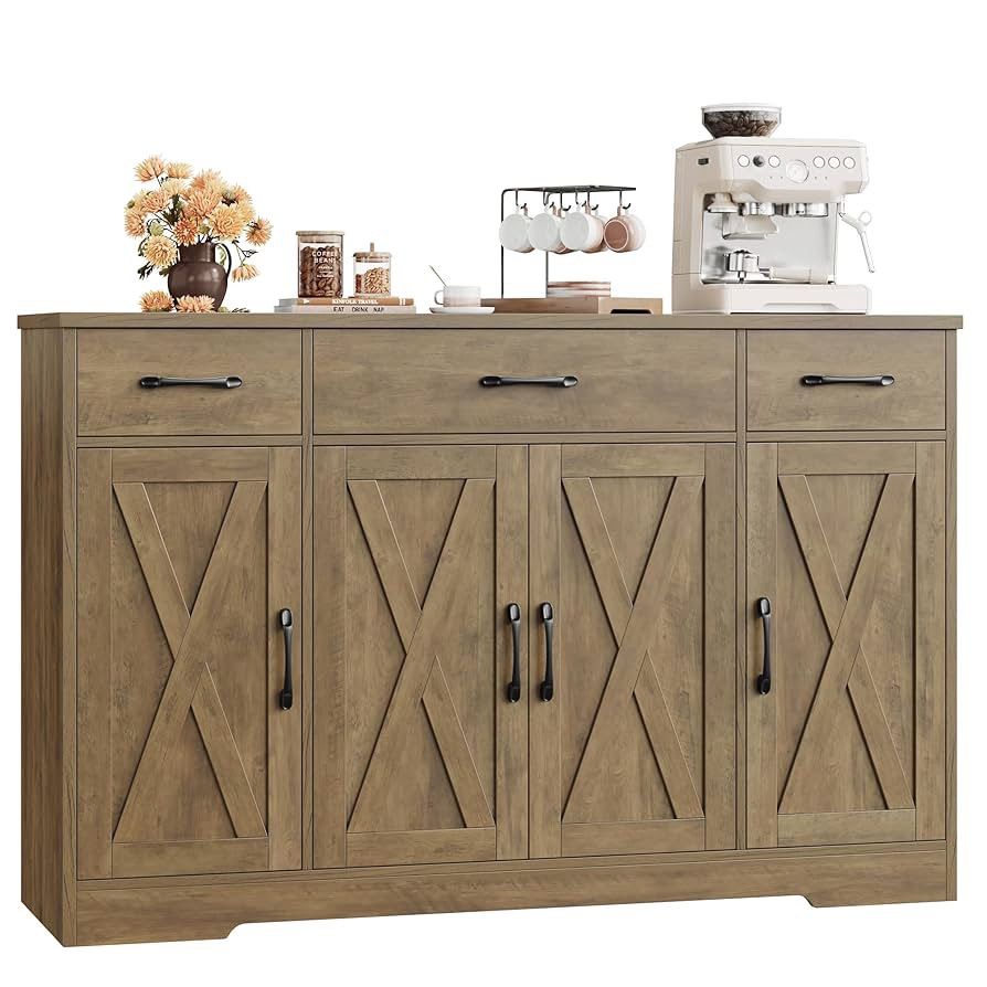 Buffet Sideboard Cabinet with Drawers, 55" Large Buffet Storage Cabinet with Shelves and Doors, Modern Farmhouse Coffee Bar Station Wood Kitchen Table