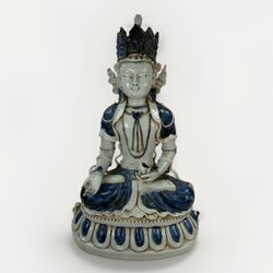 Chinese 21" Yuan Dynasty Style Porcelain Wenshu Puxian Kwan-yin Buddha  Statue