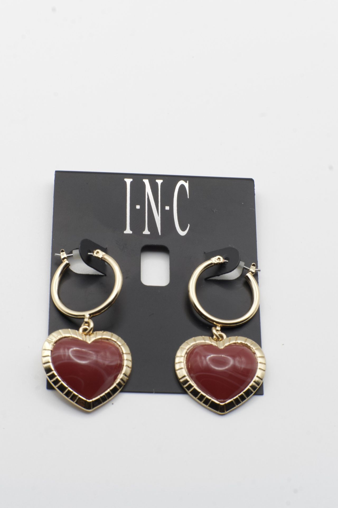 INC Gold-Tone Stone Heart Charm Hoop Earrings