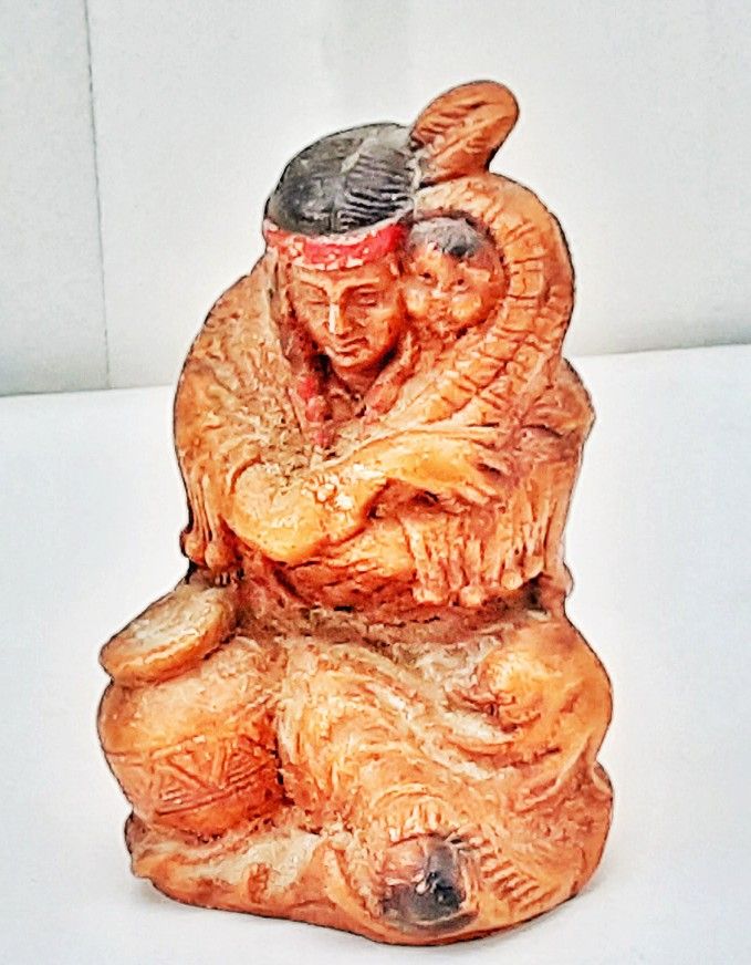 Burwood Syroco wood 3" AMERICAN INDIAN w Papoose Grayling Mich. Souvenir Figurine