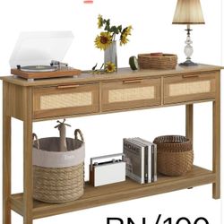 Rattan Console Table Boho Entryway Table Narrow Long Sofa Table Hallway Foyer Table Behind Couch Table with 3 Drawers and Open Storage Shelf for Livin