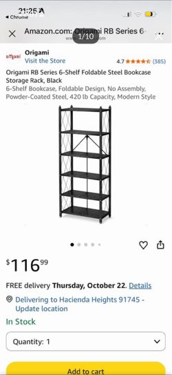 Origami RB Series 6-Shelf Foldable Steel Bookcase Storage Rack, Black 6-Shelf Bookcase, Foldable Design, No Assembly, Powder-Coated Steel, 420 lb Capa