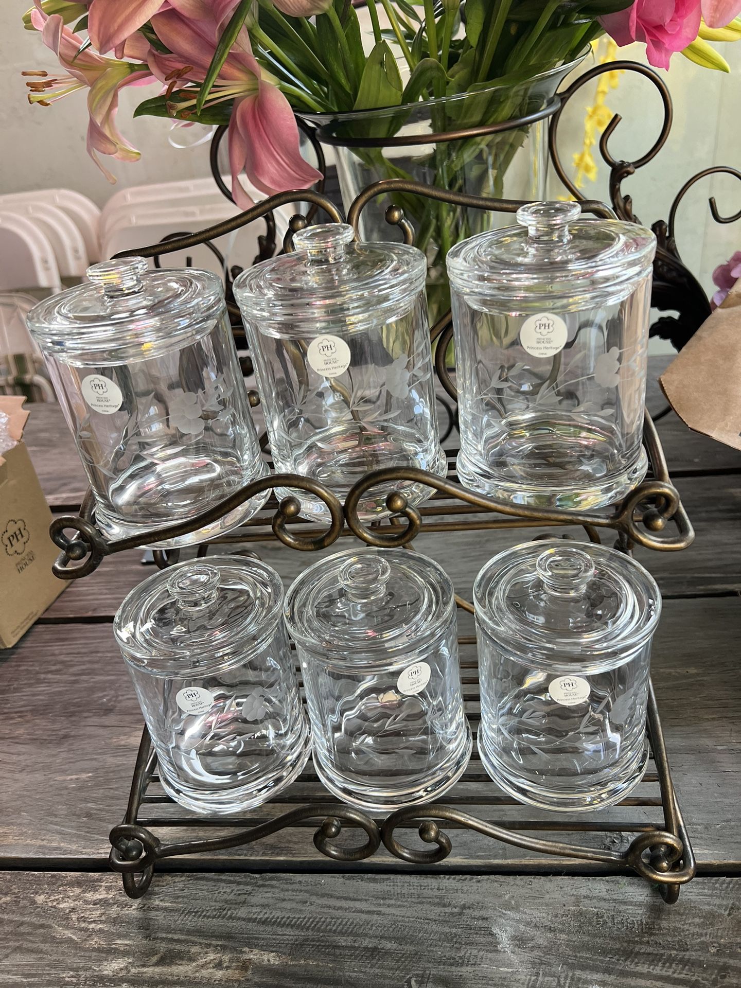 Raca De Metal Meridian Y 6 Botes De Cristal De Princes House