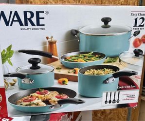 Farberware Easy Clean 12 Pcs Nonstick Cookware Set with Cooking Tools, Dishwasher Safe, Aqua