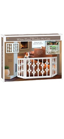 White Floral Decorative Freestanding Wooden Pet Gate