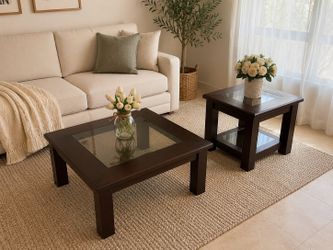 Matching Solid Wood Coffee Table & End Table Set with Glass Tops