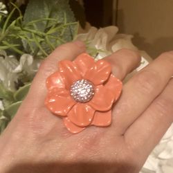 PINK PEACH PAVE CRYSTAL FLOWER GOLD BAND DESIGNER RING