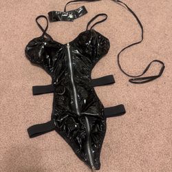 New Small medium black Vinal pu bodysuit lingerie goth gothic zipper