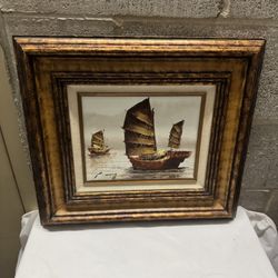 P. Wong Oil On Canvas Junk Fishing Boats In Water Chinese Signed Framed 18"x 16.5