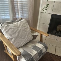 Vintage Pine Oak Lounge Chair With Stripe Cushions 