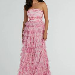 Rose Ruffled Strapless Formal Prom Dress
