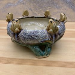 Vintage Pottery  6 Frog Footed Planter Bowl Green /Brown Glaze Majolica