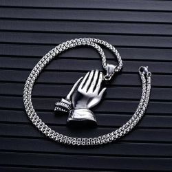 Mens Hip Hop Prayer Praying Hands Pendant Necklace Stainless Steel
