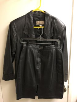 Women’s Cognac leather jacket with a Philip Noels leather skirt