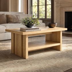 ModernMate 43" Coffee Table with Storage, Modern Center Table with Open Shelf, Thick Tabletop and Fluted Side Panels for Living Room, Natural