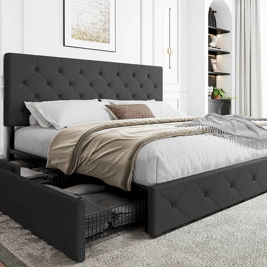 Upholstered King Size Platform Bed Frame with 4 Storage Drawers, Adjustable Headboard with Diamond Stitched Button Tufted Design, Wooden Slat Support,