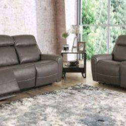 Brand New Grey Upscale Leather Power Reclining Sofa & Loveseat 