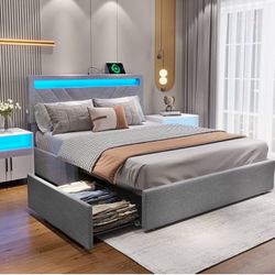 Queen LED Bed Frame with Drawers Storage, 2 USB Charging Station, Upholstered Platform Bed with Storage & LED Lights Headboard, No Box Spring Needed, 