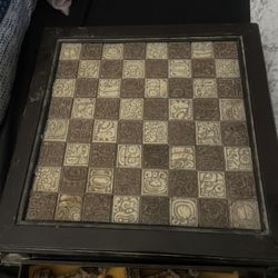 Vintage Unique Aztec Spanish Folding Chess Board Set Mexico Complete
