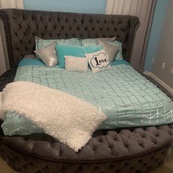 Gray Upholstered King Bed Frame with Storage