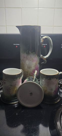 antique hand-painted porcelain chocolate or water pitcher set with matching mugs