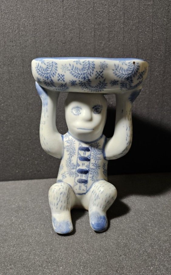 Vintage Blue & White Ceramic Monkey Holding Dish Bowl