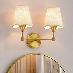 Gold Bathroom Vanity Light Fixtures: Brushed Gold light Over Mirror with Flared Fabric Shade