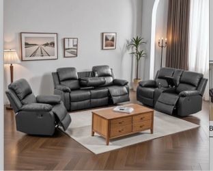 Black leather fully reclining three piece couch set