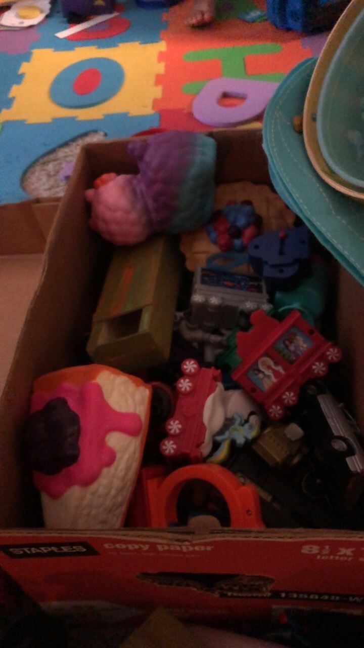 two boxes of toys, Misc buckets and jars not pictured a toy chest that needs a little work for the bench seat