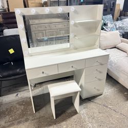 Vanity with Lights - 47" Makeup Vanity Desk with Power Outlet, Storage Shelves and 6 Drawers, 3 Color Lighting Modes with Adjustable Brightness, Makeu