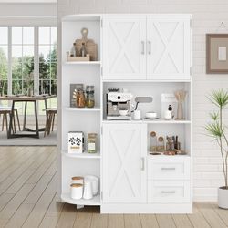 Large Kitchen Pantry Buffet, 60'' Tall Storage Cabinet with Adjustable Shelves for Dining Room, White