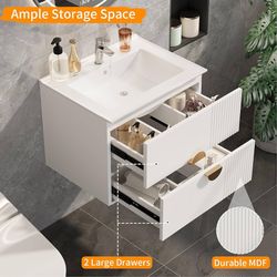 24'' Bathroom Vanity Cabinet with Sink Como, Wall Mounted Floating Cabinet with 2 Drawers, Soft-Close System, Metal Handles,U-Shaped Drawer Design(Whi
