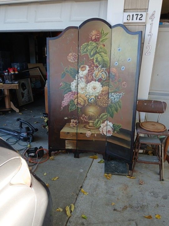 Hand Painted Floral Wood Folding Room Divider With 3panels