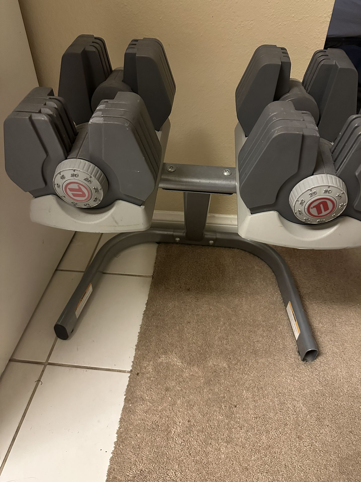 Adjustable Nautilus dumbbells with stand.