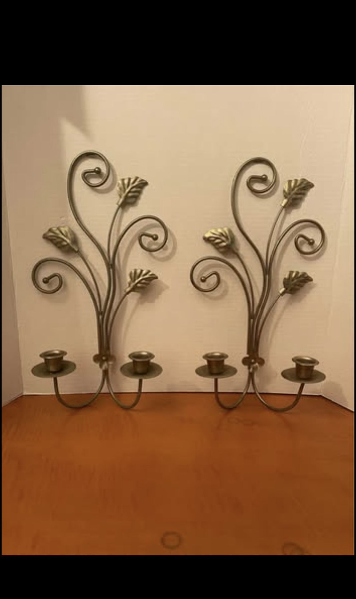 SET Of 2 HOME INTERIORS Homco Gold Metal Leaf Design Dual Candle Sconces