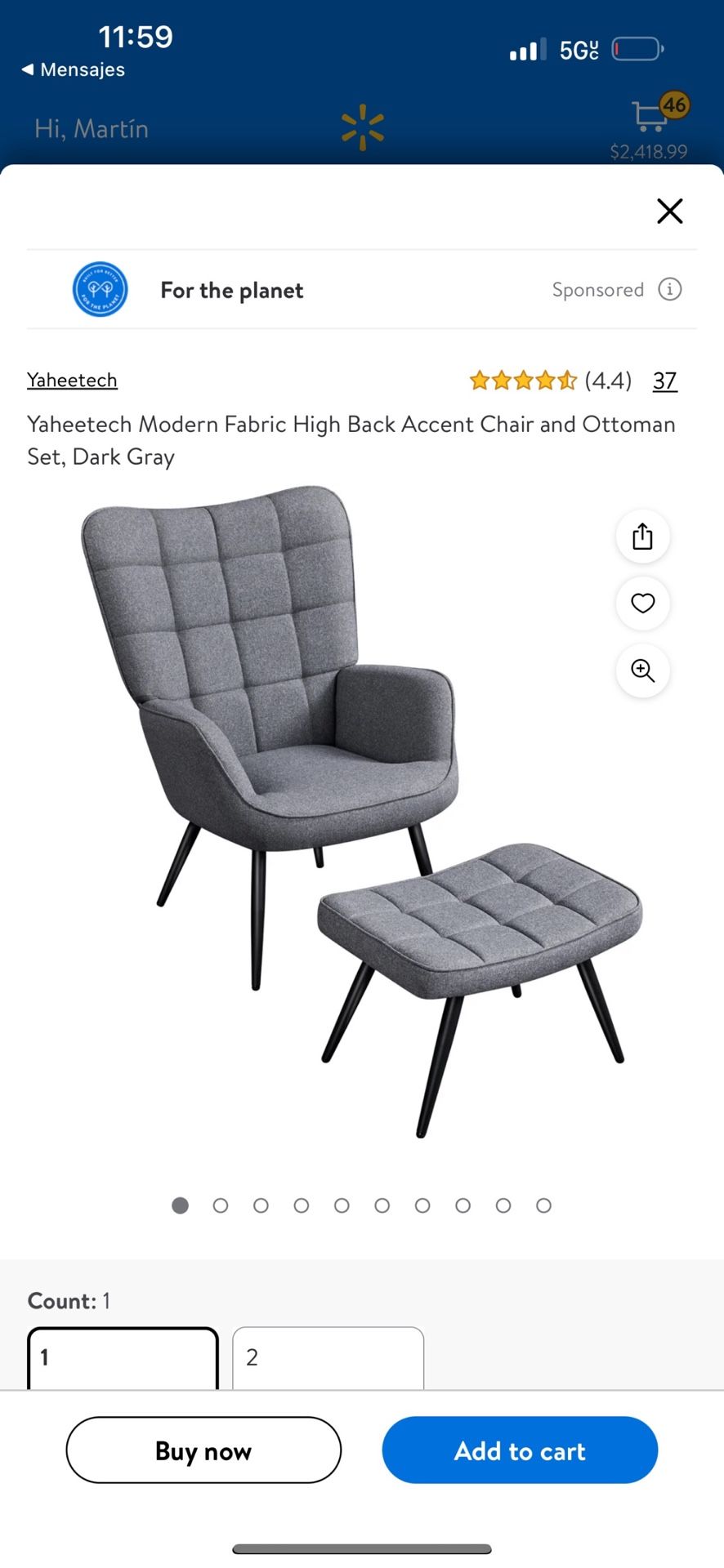 Yaheetech Modern Fabric High Back Accent Chair and Ottoman Set, Dark Gray