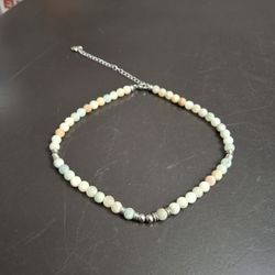 Amazonite Gemstones Beaded Choker Or Collar Necklace With Silver Metal Accents 14" Plus 4 Inches Of Extra Chain