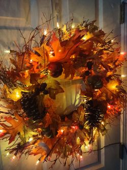 FALL harvest wreath w/ lights& pumpkins, pinecones & fall leaves