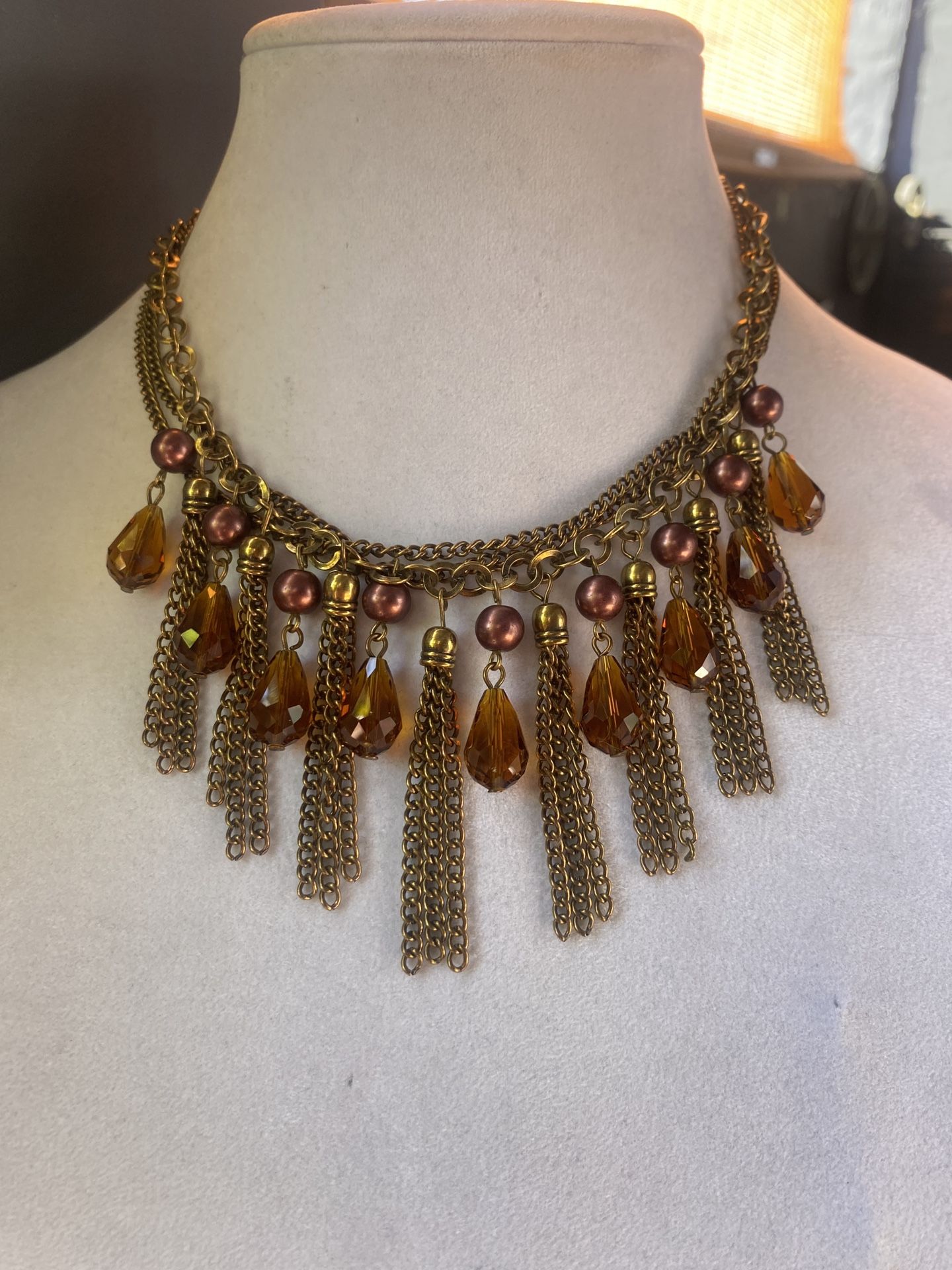 Vintage Robert Rose Bib with faceted amber crystal gold fringe